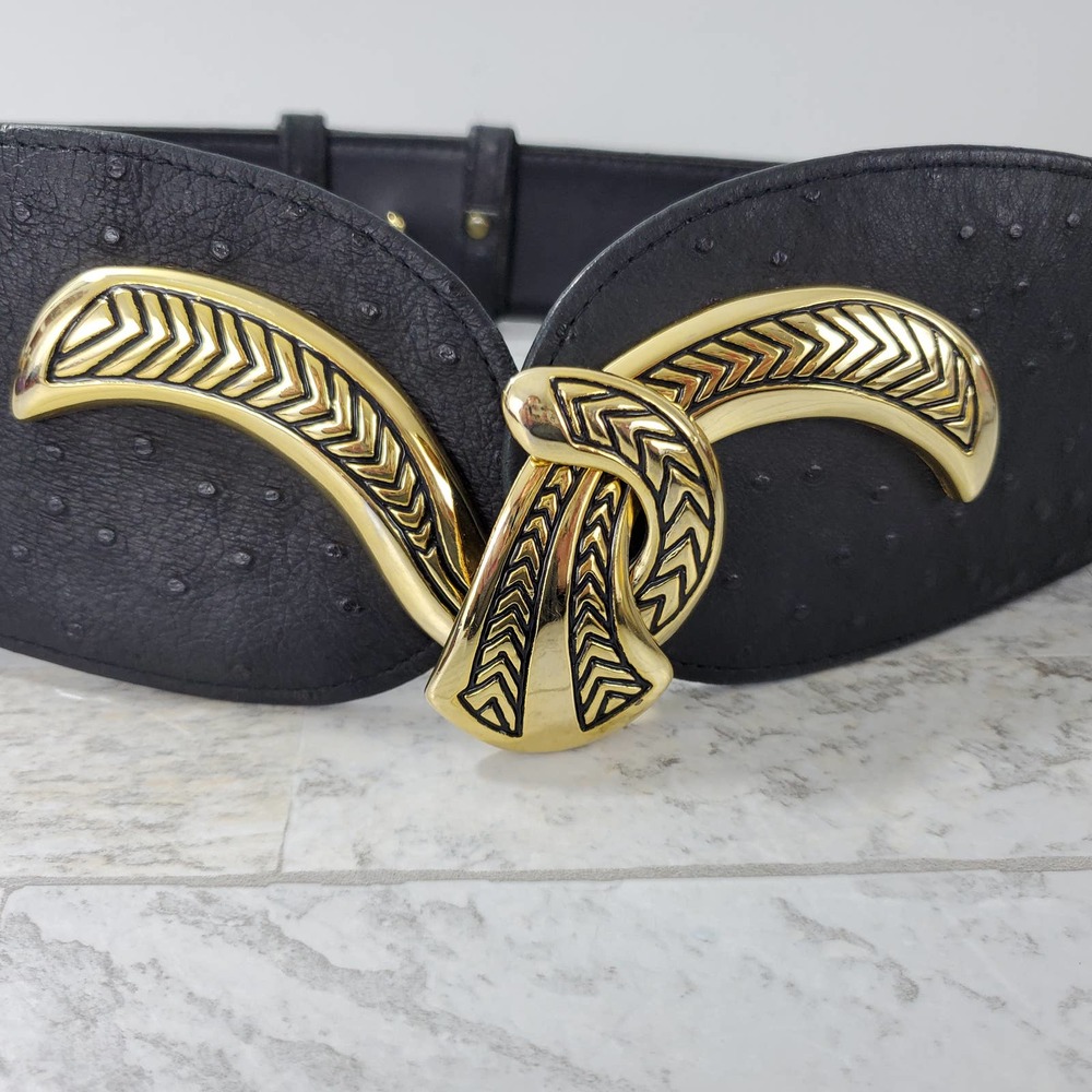 Vintage Wide Statement Piece Textured Leather Belt Adjustable Black Gold Buckle
